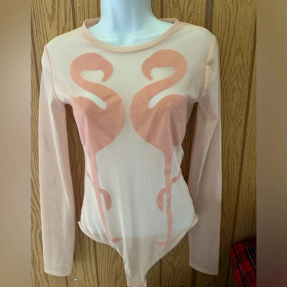 Zara Sheer Pink Flamingo Mesh Bodysuit size small - Picture 3 of 7
